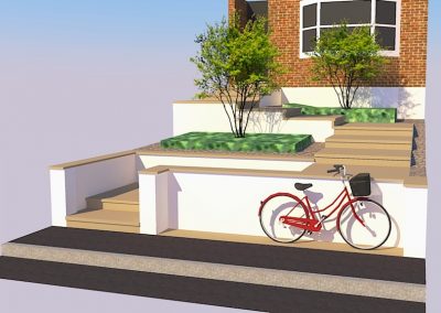 computer generated design of small front garden with red bicycle