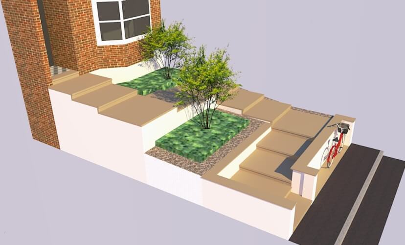 side view of small garden design two trees and steps leading to front door
