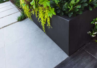 Planters and stone slabs
