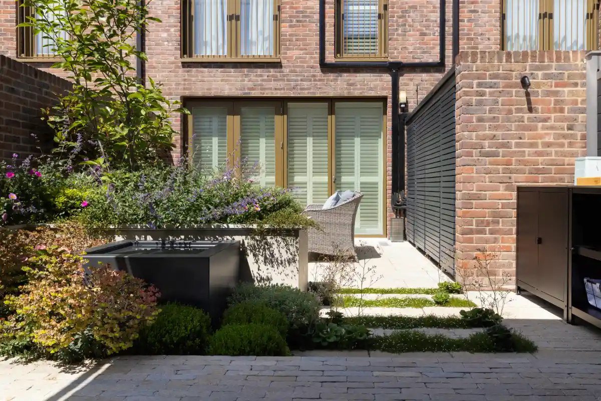 computer generated image of garden and garden office